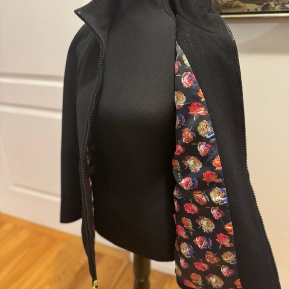 Betsey Johnson Black Wool Blend Swing Coat Jacket | Floral Rose Lining High Neck - Picture 3 of 16